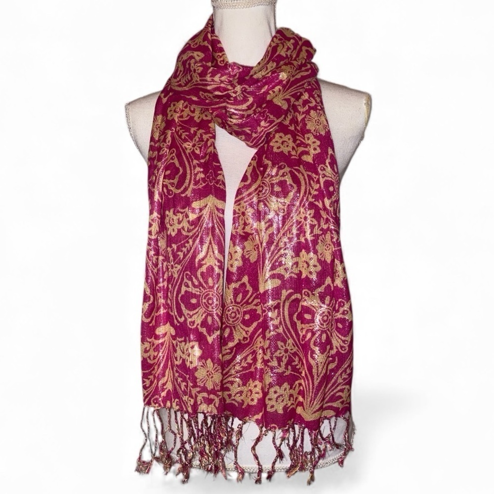 KARMA SCARF Shawl Wrap Fringe Paisley & Floral Pattern Pink and Beige
74” x 23” - Picture 2 of 9